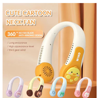 พัดลมคล้องคอ แบบงอได้ พอร์ตชาร์จ USB ขนาดเล็ก แบบพกพา ลายการ์ตูน สําหรับเล่นกีฬากลางแจ้ง