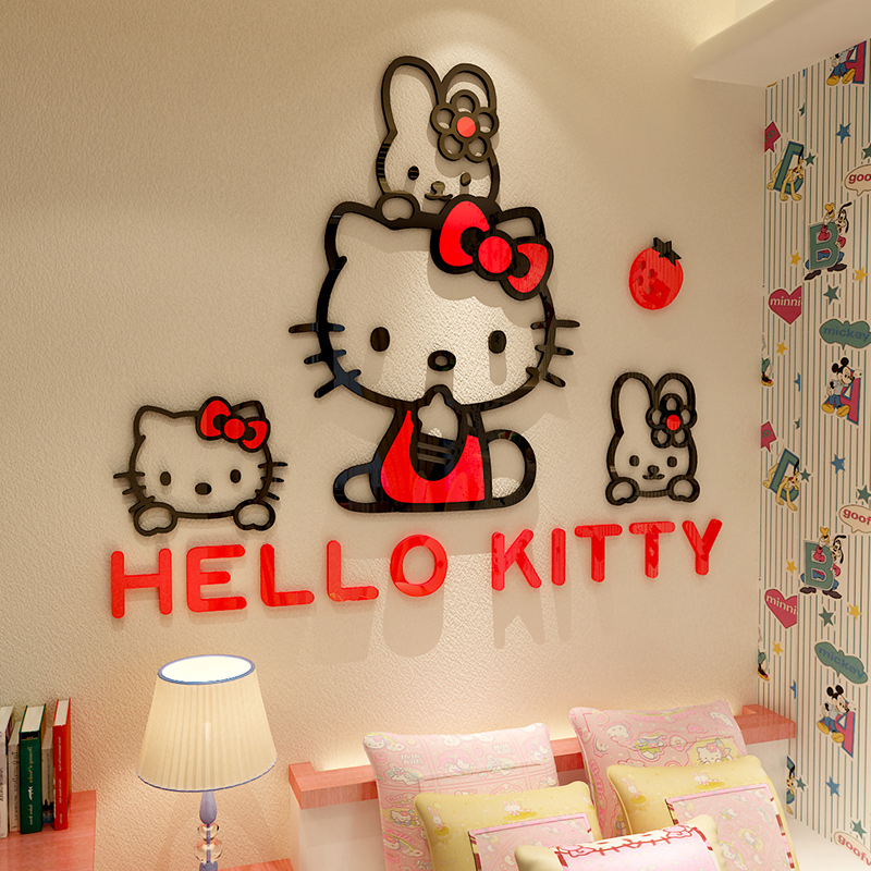 DAORUIHello Kitty Cat 3D อะคริลิค Lenticular สติ๊กเกอร์ติดผนังสําหรับห้องเด็กผู้หญิง, ห้องเด็ก, ห้องนอน, ตกแต่งการ์ตูนข้างเตียง, รูปลอกติดผนังอะคริลิคมีกาวในตัว
