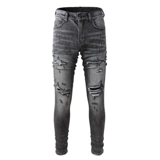 High Street AMIRI Jeans แฟชั่นแบรนด์ผู้ชายกางเกงยีนส์วินเทจสีเทายืดผอมฉีกกางเกงยีนส์