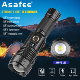 Asafee ไฟฉาย XHP70 LED ซูมได้ รองรับอินพุต เอาท์พุต 18650 26650 แบตเตอรี่ 1500LM สําหรับกลางแจ้ง