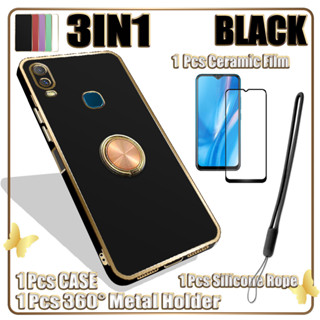 3 IN 1 เคสขอบตรง ชุบไฟฟ้า พร้อมกระจกนิรภัยกันรอยหน้าจอ และ 360 องศา สําหรับ VIVO Y11°ขาตั้งแหวนโลหะ และสายคล้องซิลิโคน