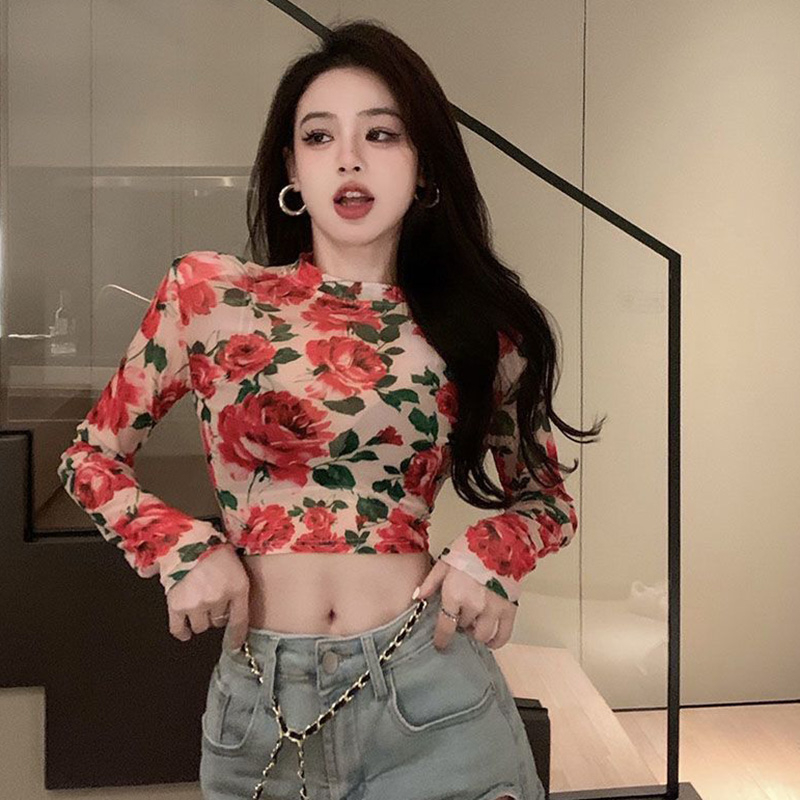 เสื้อครอปท็อปแขนยาว คอเต่า ผ้าตาข่าย พิมพ์ลายดอกไม้ สไตล์เรโทร สําหรับผู้หญิง