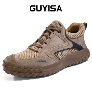 Guyisa รองเท้าเซฟตี้ผู้ชาย รูขนาดใหญ่ ระบายอากาศ หัวเหล็ก ป้องกันการเจาะ กันลื่น สีน้ําตาล 37-45