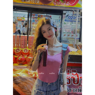 Xiaozhainv เสื้อถักไหมพรม ผ้าลินิน สีพื้น หวานแหวว พร้อมสายคล้องด้านใน