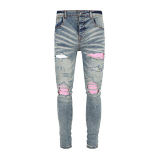 TRENDAMIRI Street Fashion Men Jeans Blue Vintage Tight Pink Patch Patch Men Hip Hop Brand Denim Pants