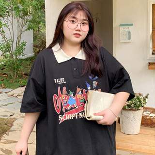 [2XL-6XL] เสื้อโปโล แขนสั้น พิมพ์ลาย ทรงหลวม โอเวอร์ไซซ์ แฟชั่นฤดูร้อน สําหรับผู้หญิง เสื้อครอปสาวอวบ