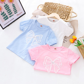เสื้อยืดลําลอง แขนพัฟ ผ้าฝ้าย แต่งริบบิ้นโบว์ 3D สไตล์เกาหลี สําหรับเด็กผู้หญิง อายุ 3-8 ปี