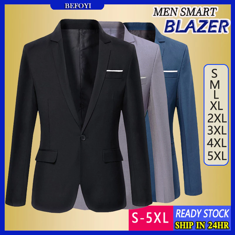 [S-5XL] เสื้อเบลเซอร์ผู้ชายธุรกิจอย่างเป็นทางการแจ๊กเก็ตแจ็คเก็ตเกาหลีสีดําสูทสลิมฟิตแต่งงานทักซิโด้Sut lelakiขนาดบวก