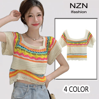 NZN เสื้อยืดครอปท็อป แขนสั้น คอสี่เหลี่ยม สีสันสดใส แฟชั่นสําหรับผู้หญิง