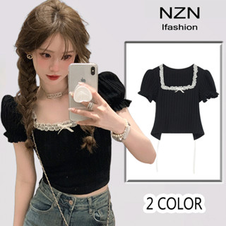 NZN เสื้อครอปท็อป คอสี่เหลี่ยม แขนสั้น แฟชั่นฤดูร้อน สไตล์เกาหลี สําหรับผู้หญิง