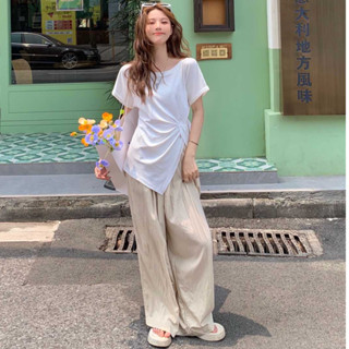 Suxi เสื้อคอกลม แขนสั้น สีพื้น เรียบง่าย และกางเกงขากว้าง เอวสูง สีพื้น เข้ากับทุกการแต่งกาย แฟชั่นฤดูร้อน สําหรับผู้หญิง