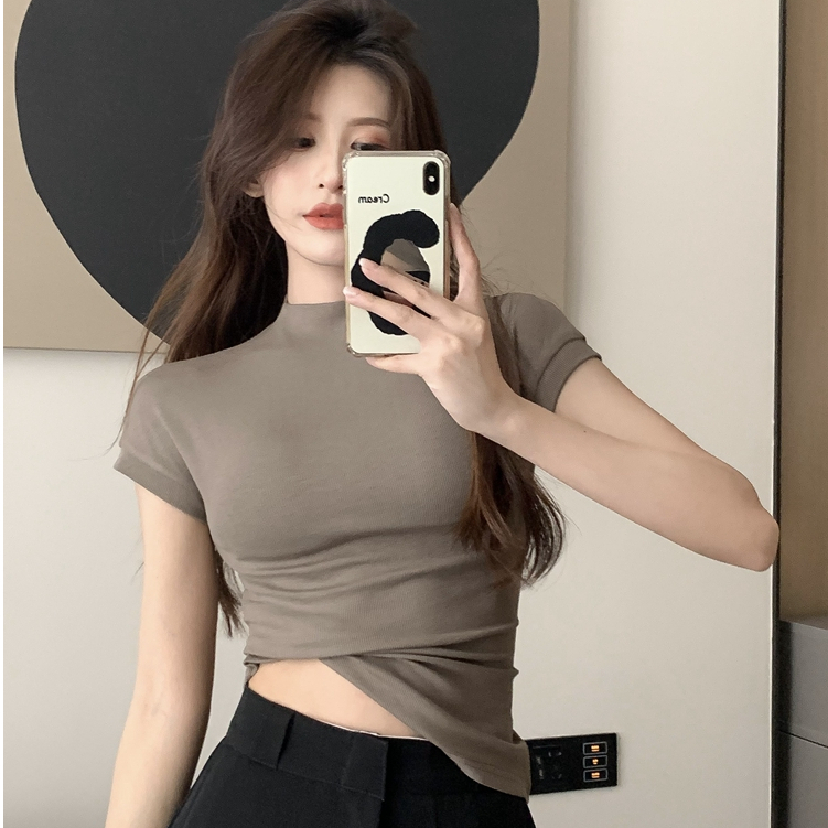 เสื้อยืดแขนสั้น คอสูง แบบยืดหยุ่น สไตล์เกาหลี สําหรับผู้หญิง