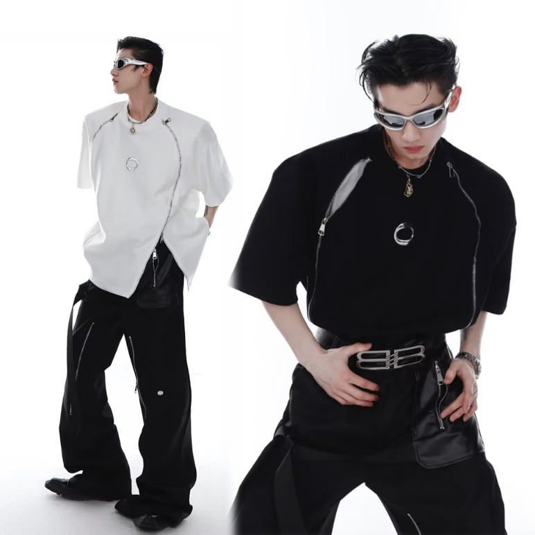 เสื้อยืดแขนสั้น คอกลม ทรงหลวม แต่งซิป สําหรับผู้ชาย