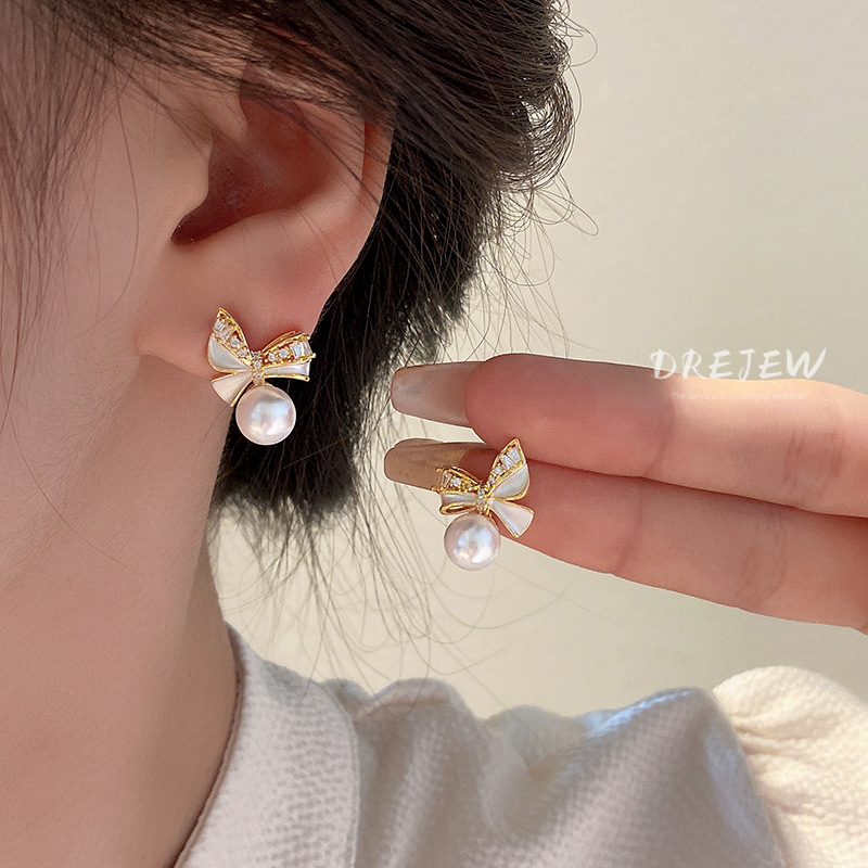 DREJEW ต่างหูเข็มเงิน 925 ประดับเพทาย มุก โบว์ ทอง 18K หรูหรา แฟชั่นสไตล์เกาหลี สําหรับผู้หญิง