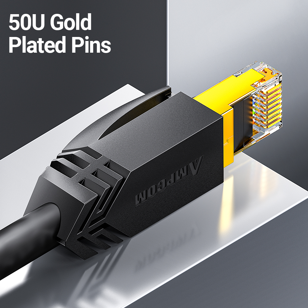 AMPCOM CAT8 S/FTP Ethernet Cable, 1-25m, High-Speed, Shielded, 23AWG, 50U Gold Plated RJ45 - สายเคเบิลอีเธอร์เน็ตแบบ S/FTP ของ AMPCOM ความยาว 1-25 เมตร ความเร็วสูง มีการป้องกันรบกวน ตาข่ายสามารถอากาศยานทองคำ 50U และ RJ45