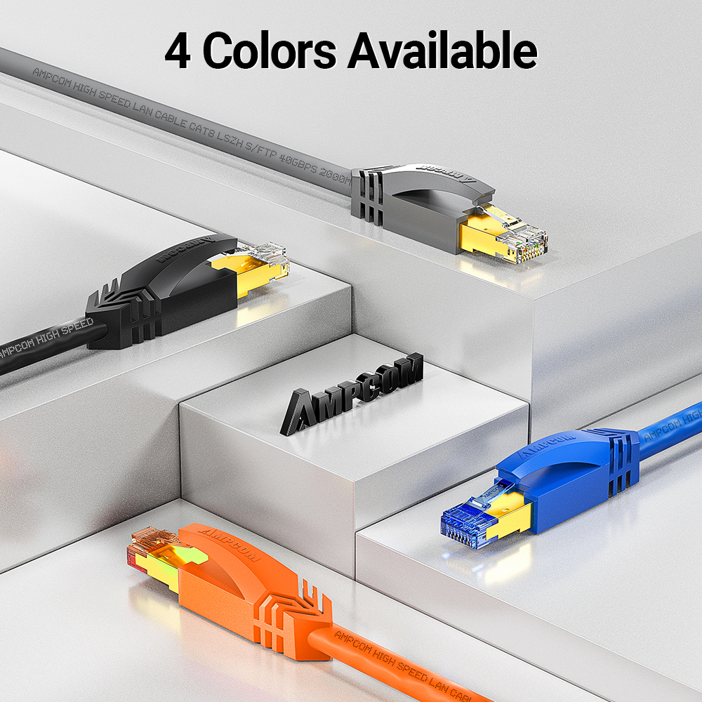 AMPCOM CAT8 S/FTP Ethernet Cable, 1-25m, High-Speed, Shielded, 23AWG, 50U Gold Plated RJ45 - สายเคเบิลอีเธอร์เน็ตแบบ S/FTP ของ AMPCOM ความยาว 1-25 เมตร ความเร็วสูง มีการป้องกันรบกวน ตาข่ายสามารถอากาศยานทองคำ 50U และ RJ45
