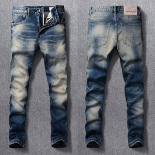 กางเกงยีนส์ Street Fashion Man สีน้ำเงิน Vintage Slim Fit Vintage Craft Casual Man แบรนด์กางเกงยีนส์