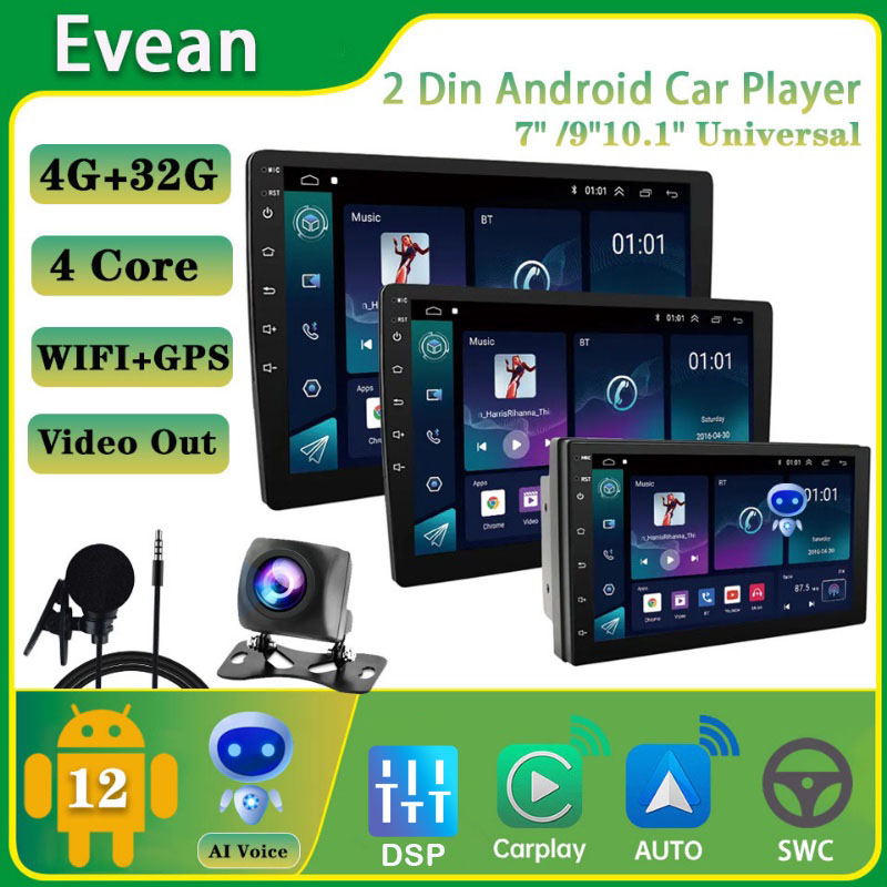 Evean (4G+32G) จอแอนดรอย 7 9 10.1 นิ้ว 2 Din พร้อม CarPlay ไร้สาย Android Auto AI Voice FM บลูทูธ Waze GPS สําหรับรถยนต์ จอแอนดรอยด์ติดรถยนต์