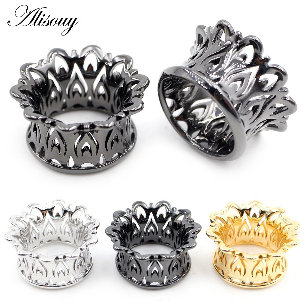 Alisouy 1 ชิ้นทองแดง Hollow ดอกไม้พืชรอบหูอุโมงค์ปลั๊กเนื้อ Expanders Stretchers วัดต่างหูเจาะเครื่องประดับ