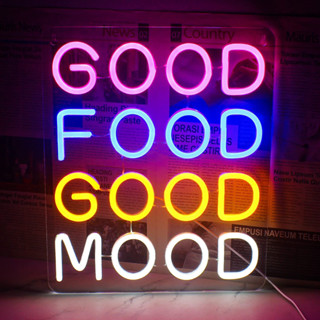 ป้ายไฟนีออน LED รูปตัวอักษร Good Food Good Mood พลังงาน USB สําหรับตกแต่งผนัง ร้านอาหาร บาร์ ปาร์ตี้ ห้องนอน บ้าน