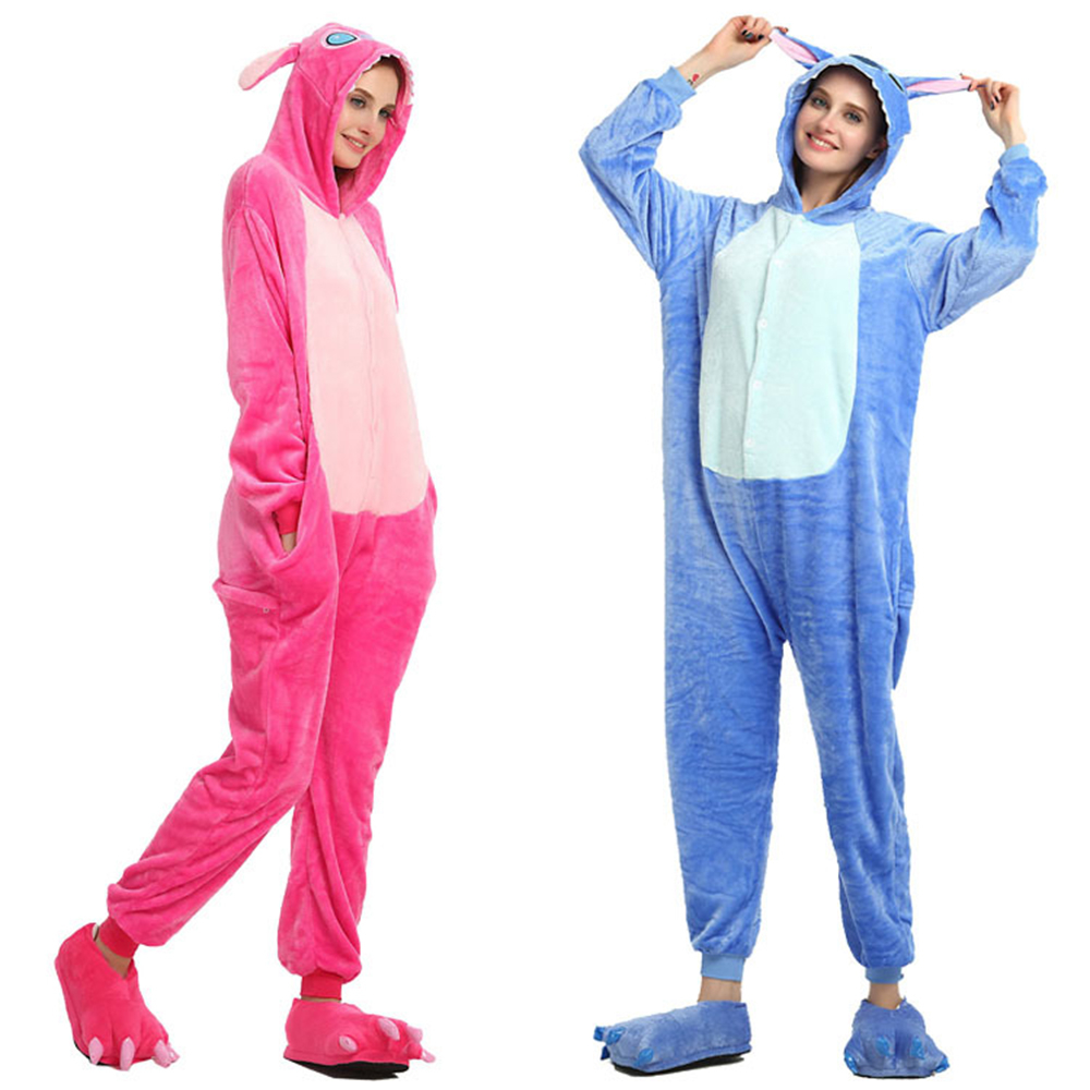 สีชมพู Blue Stitch Flannel อะนิเมะการ์ตูน Kigurumi ผู้ใหญ่ Chindren ชุดนอน Homewear ฤดูหนาว Unisex Pijamas Jumpsuit ชุดคอสเพลย์ Warm