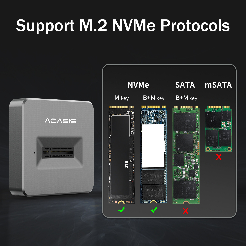 อะแดปเตอร์ Acasis NVME/SATA เป็น USB, ไม่มีโคลนสายเคเบิล, ชิปสะพาน USB 3.1 Gen 2 ประสิทธิภาพสูง, ใช้เป็น SSD แบบพกพา, USB to M2 SSD Key M, รองรับ Windows XP 7 8 10