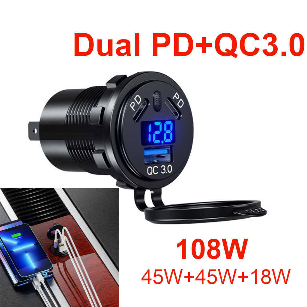 อะแดปเตอร์ซ็อกเก็ตชาร์จ 78W Dual PD Type-C+QC3.0 กันน้ํา พร้อมโวลต์มิเตอร์ LED สําหรับรถจักรยานยนต์ เรือ RV รถบรรทุก