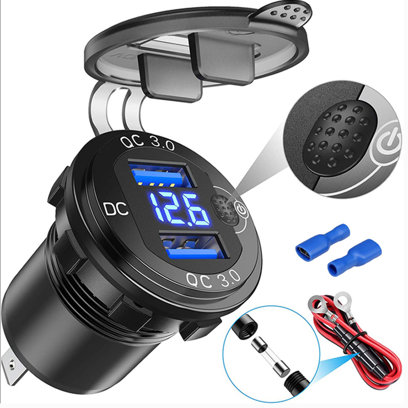 ซ็อกเก็ตชาร์จมอเตอร์รถยนต์ 12/24V 36W QC3.0 USB คู่ กันน้ํา พร้อมสวิตช์โวลต์มิเตอร์ อะแดปเตอร์ชาร์จเร็ว
