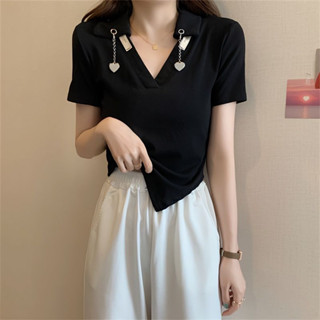 Nanli ห่วงโซ่ไม่สม่ำเสมอเสื้อโปโลแขนสั้นเสื้อยืดหญิงอ้วน MM200 catties การออกแบบความรู้สึกผู้หญิงขนาดใหญ่ด้านบน