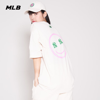 Mlb เสื้อยืดลําลอง แขนสั้น พิมพ์ลายหน้ายิ้ม ทรงหลวม สําหรับผู้ชาย และผู้หญิง SNH4JH