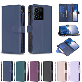 เคสโทรศัพท์หนัง ฝาพับ พร้อมช่องใส่บัตร มีซิป 9 ช่อง หรูหรา สําหรับ Vivo Y35 Y22 Y22S Y21 Y21S Y21T Y33S