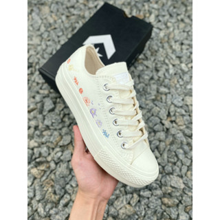 Converse All star ox รองเท้าผ้าใบ ส้นเตี้ย ปักลายดอกไม้ กันลื่น ทนต่อการสึกหรอ สําหรับผู้หญิง