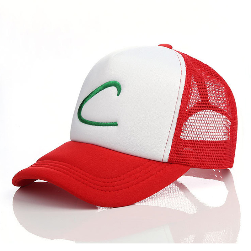 50-55ซม.อะนิเมะรูปคอสเพลย์เบสบอลหมวกPeakedหมวกASH Ketchum Letter Cผ้าฝ้ายเย็บปักถักร้อยแรงโน้มถ่วงปรับหมวกของขวัญวันเกิด