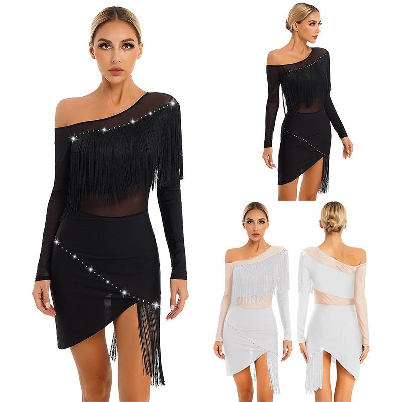 สตรีไหล่เฉียง Fringed Dance Dress Sheer ตาข่าย Patchwork แขนยาวไม่สม่ําเสมอ Hem ชุดสําหรับ Tango Latin Cha-Cha Samba