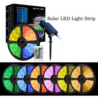 สายไฟ LED RGB SMD 5050 พลังงานแสงอาทิตย์ กันน้ํา IP67 5 เมตร สําหรับตกแต่งสวน กลางแจ้ง