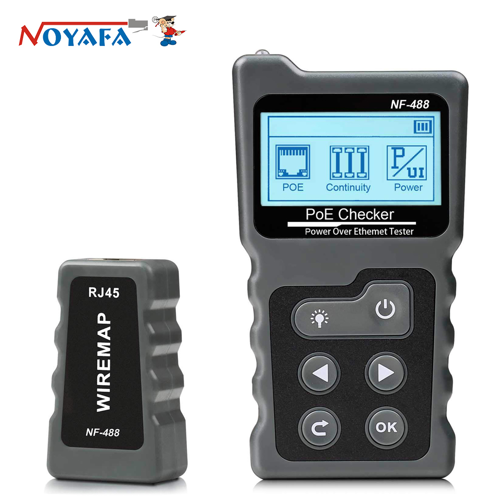 Noyafa NF-488 เครื่องติดตามสายเคเบิล หน้าจอ LCD เครื่องมือทดสอบเครือข่าย PoE แรงดันไฟฟ้า ขั้วต่อสายเคเบิล ตัวตรวจสอบเครือข่าย PoE