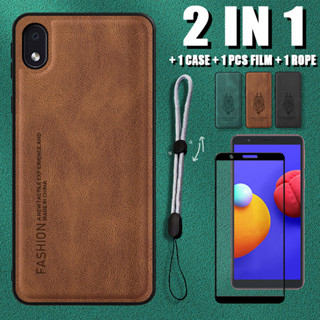 2 IN 1 เคสหนังหรูหรา พร้อมเชือกปรับได้ และตัวป้องกันหน้าจอเซรามิค สําหรับ Samsung A01 Core A01