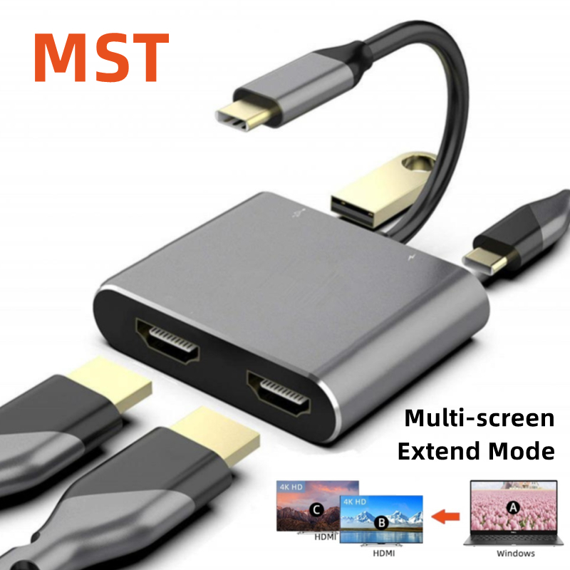 อะแดปเตอร์ฮับ USB C 4-IN-1 Type C เป็น HDMI คู่ MST หน้าจอหลายหน้าจอ พร้อมสายแปลง Thunderbolt 3 Docking Station พร้อมที่ชาร์จ USB3.0 PD สําหรับแล็ปท็อป Samsung Dex