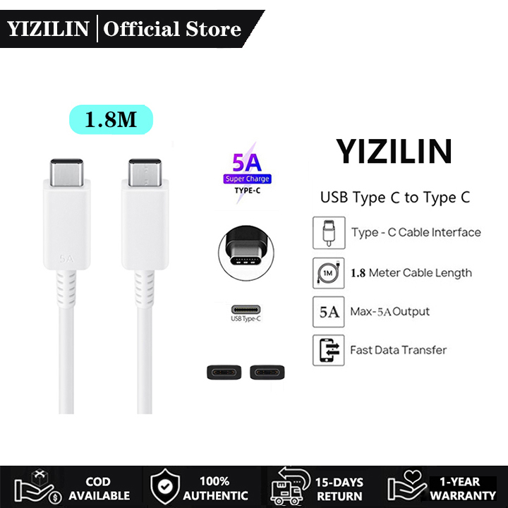 Yizilin สายชาร์จ USB C เป็น USB C 5A 45W PD ยาว 1.8 ม. สําหรับ Samsung S20 S21 S22 Ultra Note 20 10 A91 A90 A80 A70 A71