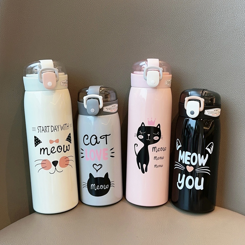กระติกน้ําสูญญากาศ สเตนเลส ลายการ์ตูนแมว ขนาด 350 มล. 500 มล. พร้อมหลอด แบบพกพา สําหรับเด็ก
