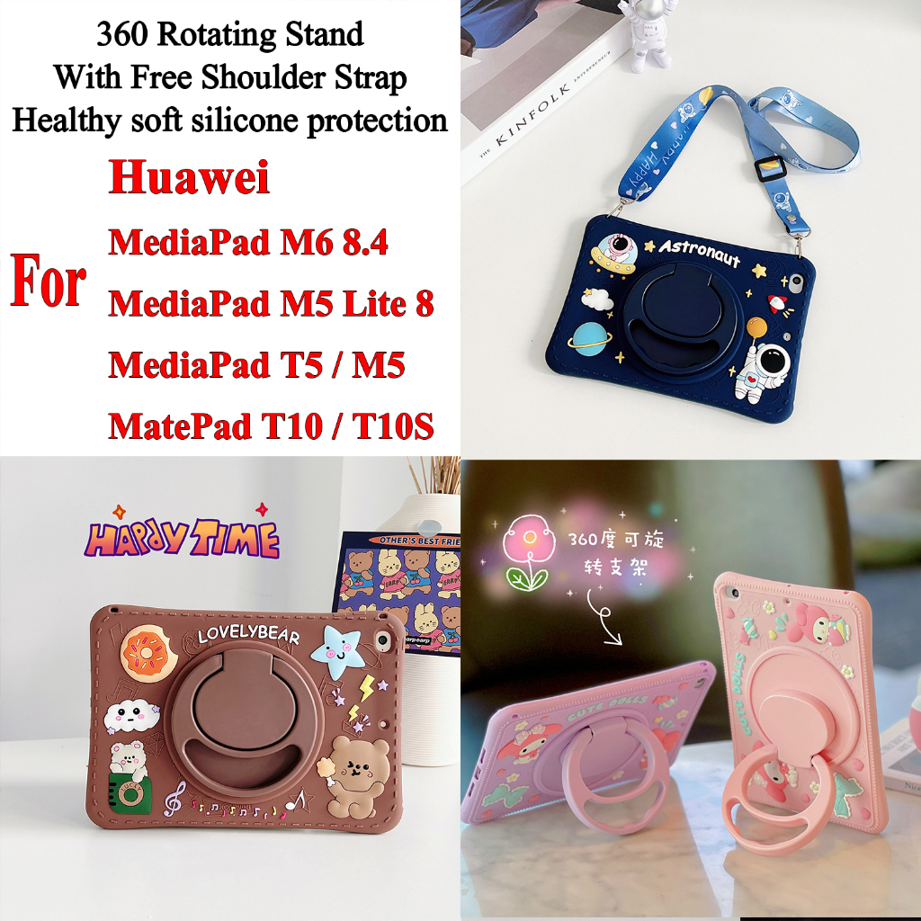 เคสซิลิโคนนิ่ม ลายการ์ตูนน่ารัก 3D 360 สําหรับ Huawei MatePad T10 T10S T 10 MediaPad T5 10.1 นิ้ว M5 Lite 8 M6 8.4° เคสแท็บเล็ต แบบหมุนได้ พร้อมแหวนขาตั้ง