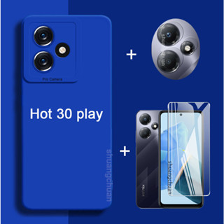 3in1 สําหรับ Infinix Hot 30 Play ฟิล์มกระจกนิรภัยใส + ฟิล์มเลนส์กล้อง + เคสโทรศัพท์ TPU นิ่ม ขอบตรง หลากสี