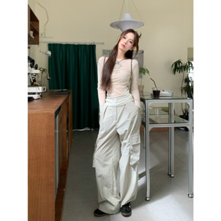 Loose and slim, versatile pocket workwear pants, mesh top, long sleeved T-shirt, sun protection shirt, slim top, wide pants, casual pants, floor pants