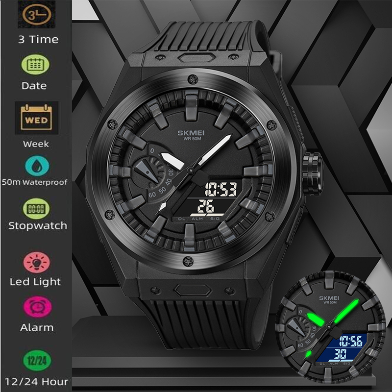 Skmei นาฬิกาข้อมือควอทซ์ โครโนกราฟ สายหนัง PU กันน้ํา 50 ม. 12 24 ชั่วโมง สําหรับผู้ชาย