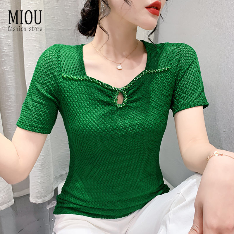 Miou ใหม่ เสื้อยืดลําลอง แขนสั้น เข้ารูป ประดับลูกปัด ลูกไม้ แฟชั่นฤดูร้อน สําหรับสตรี 3XL 2023