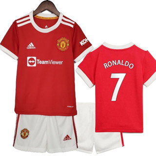 เสื้อกีฬาแขนสั้น ลายทีมชาติฟุตบอล Manchester United Home Away Ronaldo ชุดเหย้า สําหรับเด็ก 2021-22