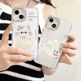 เคสโทรศัพท์มือถือกระจก ลายการ์ตูนสุนัข แมว สีขาว สําหรับ iPhone 11 12 12pro 12promax 13 13pro 13promax 14 14pro 14promax