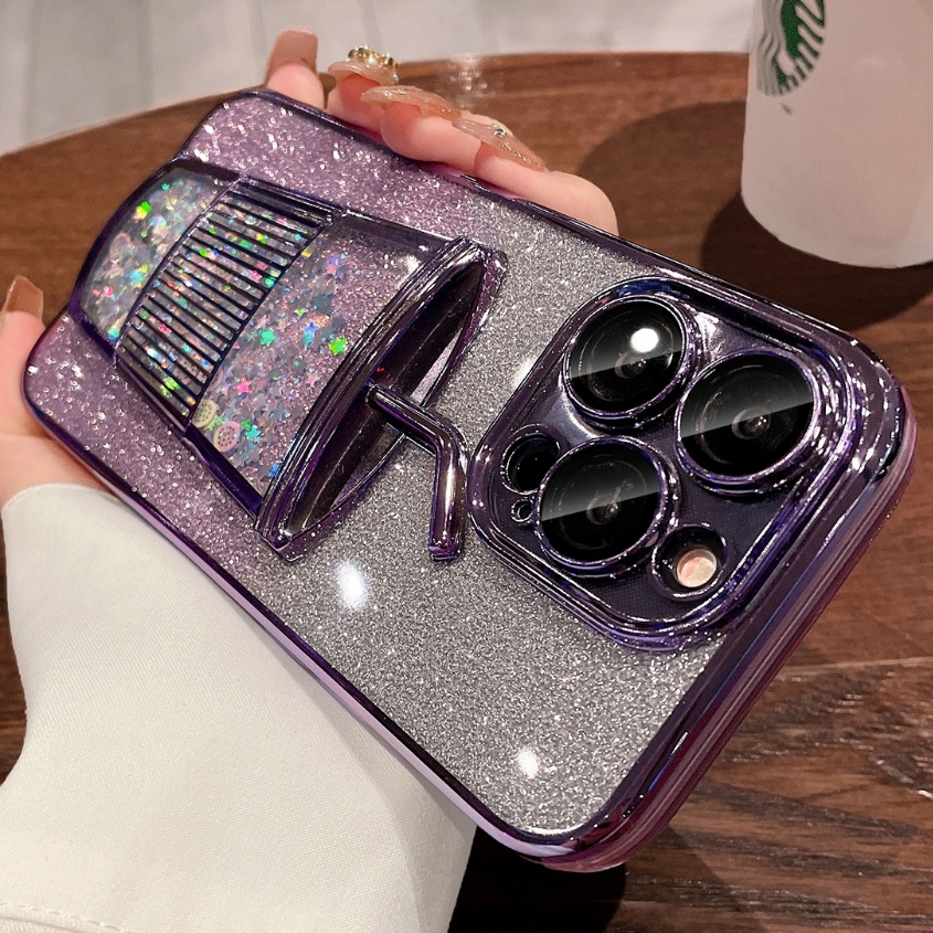 【3D quicksand cup/soft case/Purple】เคส compatible for iPhone 13 14 15 16 pro max case
