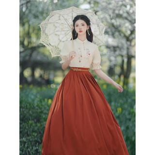 เสื้อเชิ้ตแขนสั้น คอปกตั้ง และกระโปรงยาว เอวสูง ทรงเอ สีแดง แฟชั่นฤดูร้อน สไตล์วินเทจ สําหรับสตรี 2023 2 ชิ้น