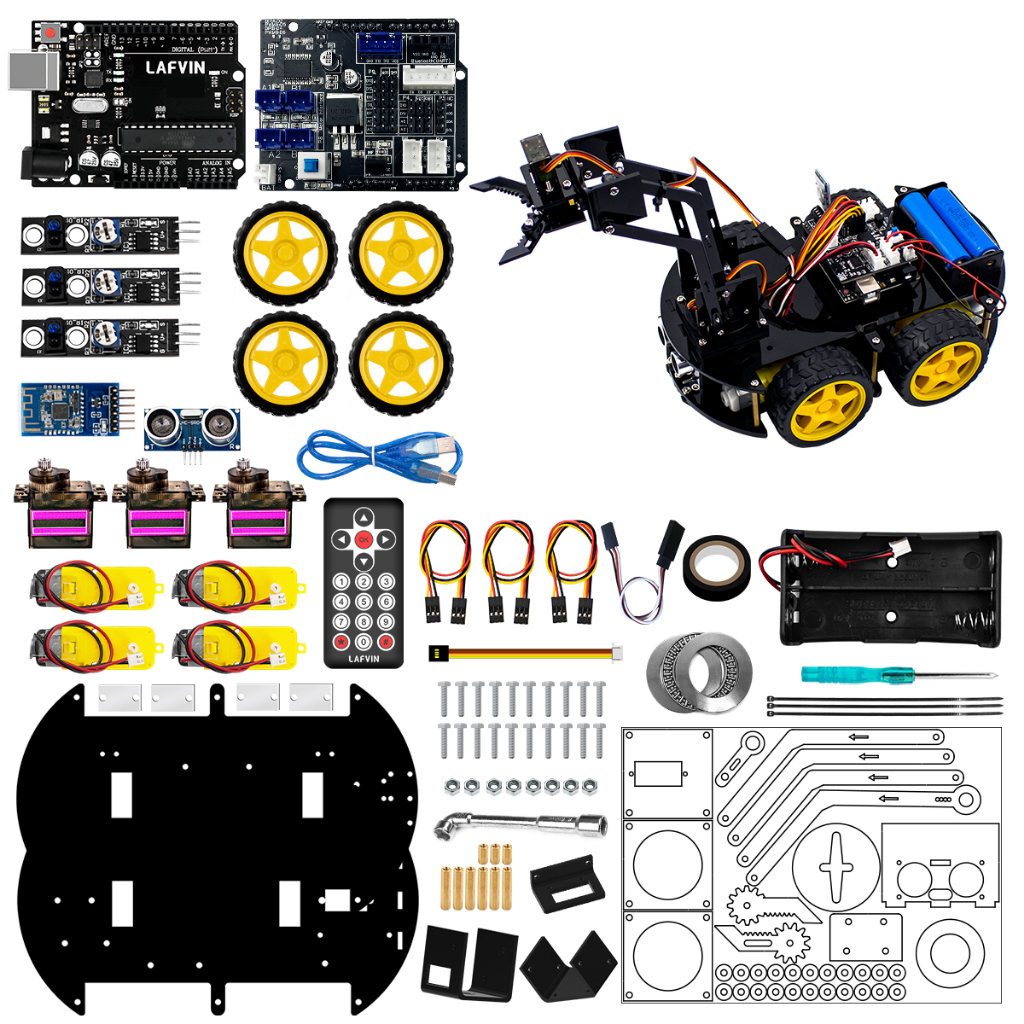 [COD] LAFVIN 2-in-1 รถยนต์หุ่นยนต์ 4WD + แขนกล ชุดเรียนรู้ Arduino UNO R3 รองรับ Bluetooth